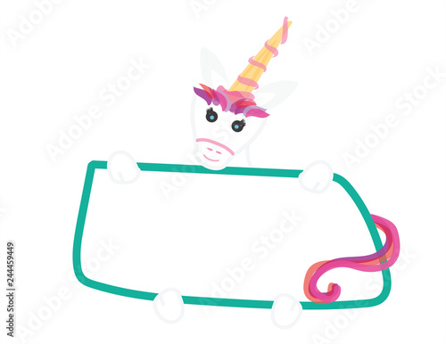 Cute vector unicorn holding White sign with Green frame © Sigdesign