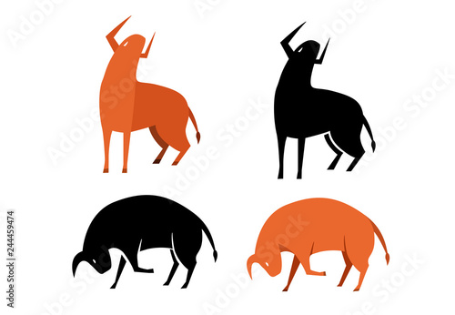 Set of bull icon in silhouette and flat, vector