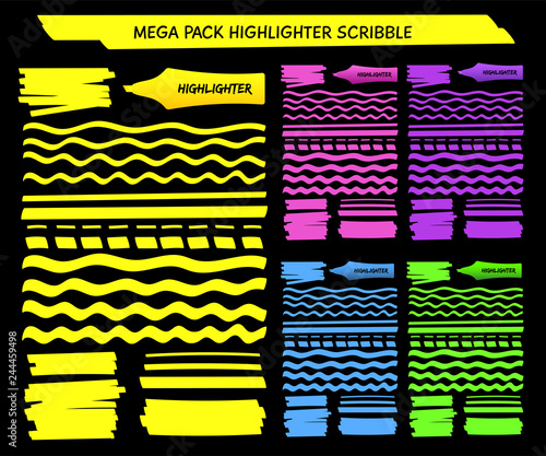 Yellow highlight pen hand drawn lines set vector illustration. Collection of wavy, dashed and straight highlight marks in green and violet, blue and pink felt pen colors for office style design
