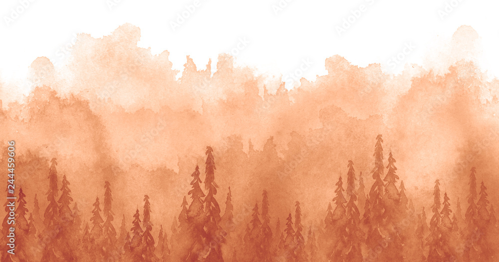 Fototapeta premium Watercolor art illustration. Drawing of the red, yellow, orange forest, pine tree, spruce, cedar. Dark, dense forest, suburban landscape. A beautiful burst of paint orange. Postcard, logo, card
