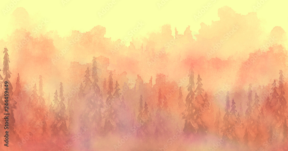 Fototapeta premium Watercolor art illustration. Drawing of the red, yellow, orange forest, pine tree, spruce, cedar. Dark, dense forest, suburban landscape. A beautiful burst of paint orange. Postcard, logo, card