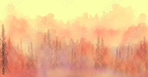 Watercolor art illustration. Drawing of the red, yellow, orange forest, pine tree, spruce, cedar. Dark, dense forest, suburban landscape. A beautiful burst of paint orange. Postcard, logo, card