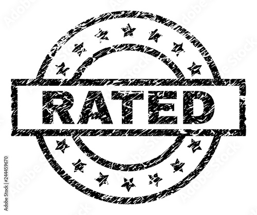 RATED stamp seal watermark with distress style. Designed with rectangle, circles and stars. Black vector rubber print of RATED title with dust texture.