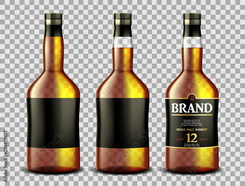 Set of whiskey, rum, bourbon or cognac glass bottle with Alcohol and without. Transparent bottles Drink in a realistic style. Vector 3d illustration