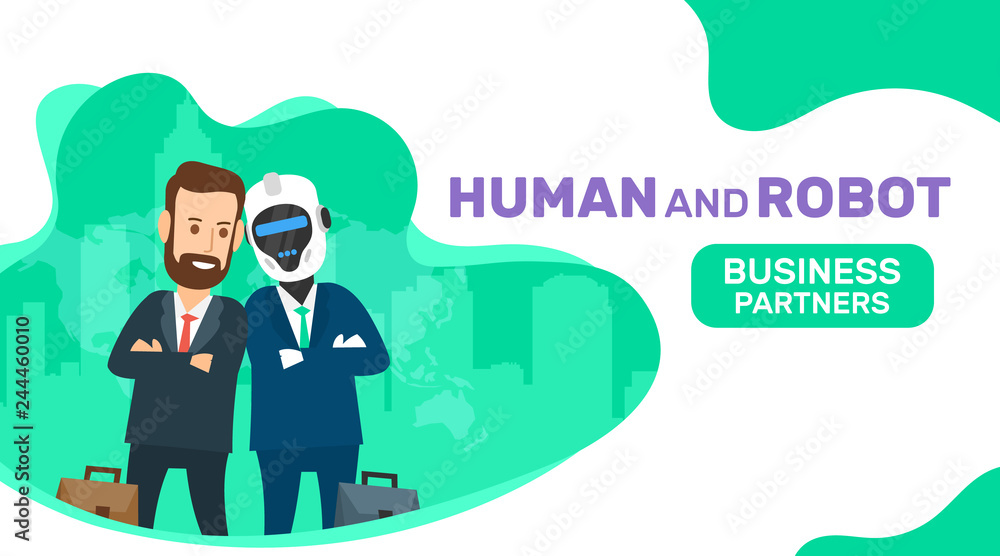 human and robot business partners banner design