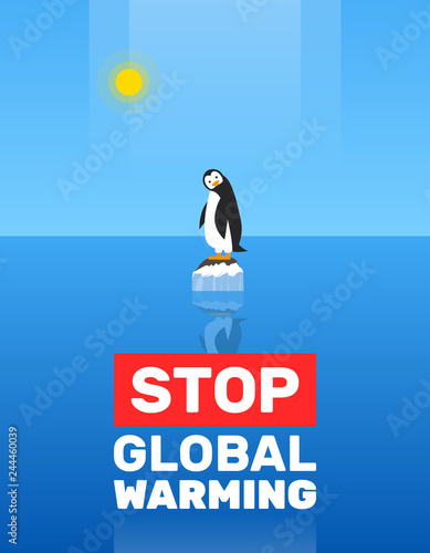 global warming poster design penguin standing on melting ice floe