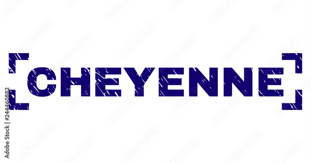 CHEYENNE text seal print with distress effect. Text tag is placed inside corners. Blue vector rubber print of CHEYENNE with unclean texture.