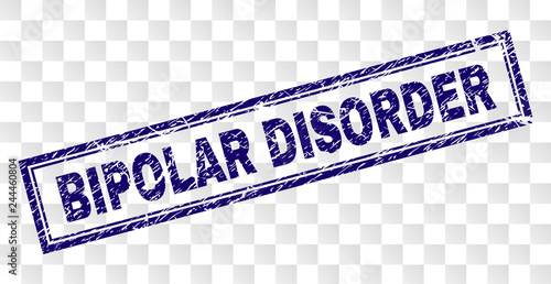 BIPOLAR DISORDER stamp seal print with rubber print style and double framed rectangle shape. Stamp is placed on a transparent background.