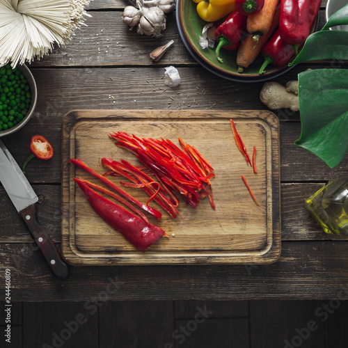 Raw ingredients cooking vegetarian thai noodles table home kitchen top view photo