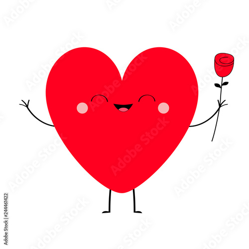 Red heart icon. Happy Valentines day sign symbol. Cute cartoon kawaii smiling laughing character holding rose flower. Flat design style. Love greeting card. Isolated. White background.