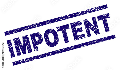 IMPOTENT seal print with distress style. Blue vector rubber print of IMPOTENT caption with grunge texture. Text caption is placed between parallel lines.