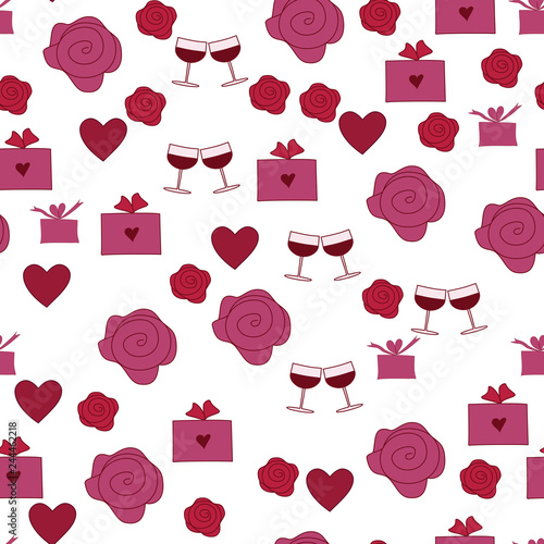 Vector seamless pattern in hand drawn doodle style, with roses, hearts, glasses and gifts. Useful for gift wrapping paper, textil design, mother's day presents, valentine's day or wedding invitation.