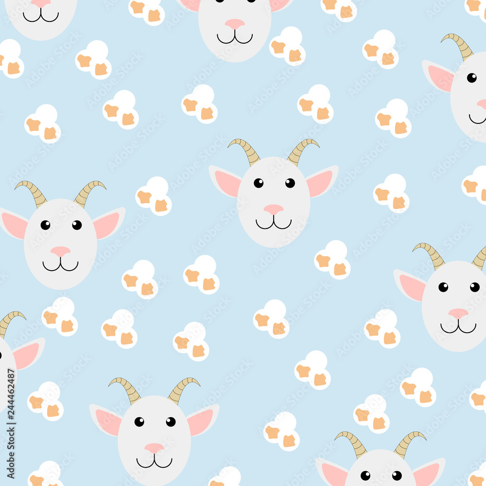 Fototapeta premium Cute goat seamless pattern with fresh popcorn