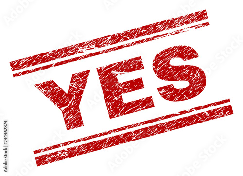 YES seal print with distress texture. Red vector rubber print of YES text with dirty texture. Text title is placed between double parallel lines.