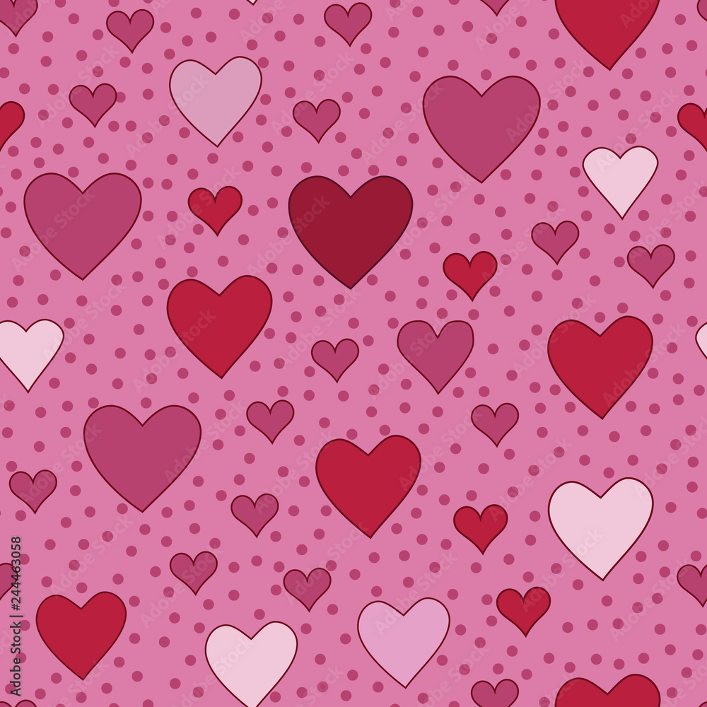 Vector seamless pattern in hand drawn doodle style, with hearts and dots. Useful for gift wrapping paper, textil or fabric design, mother's day presents, valentine's day or wedding invitation.
