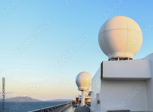 Forward view of a cruise ship overlooking its radar.