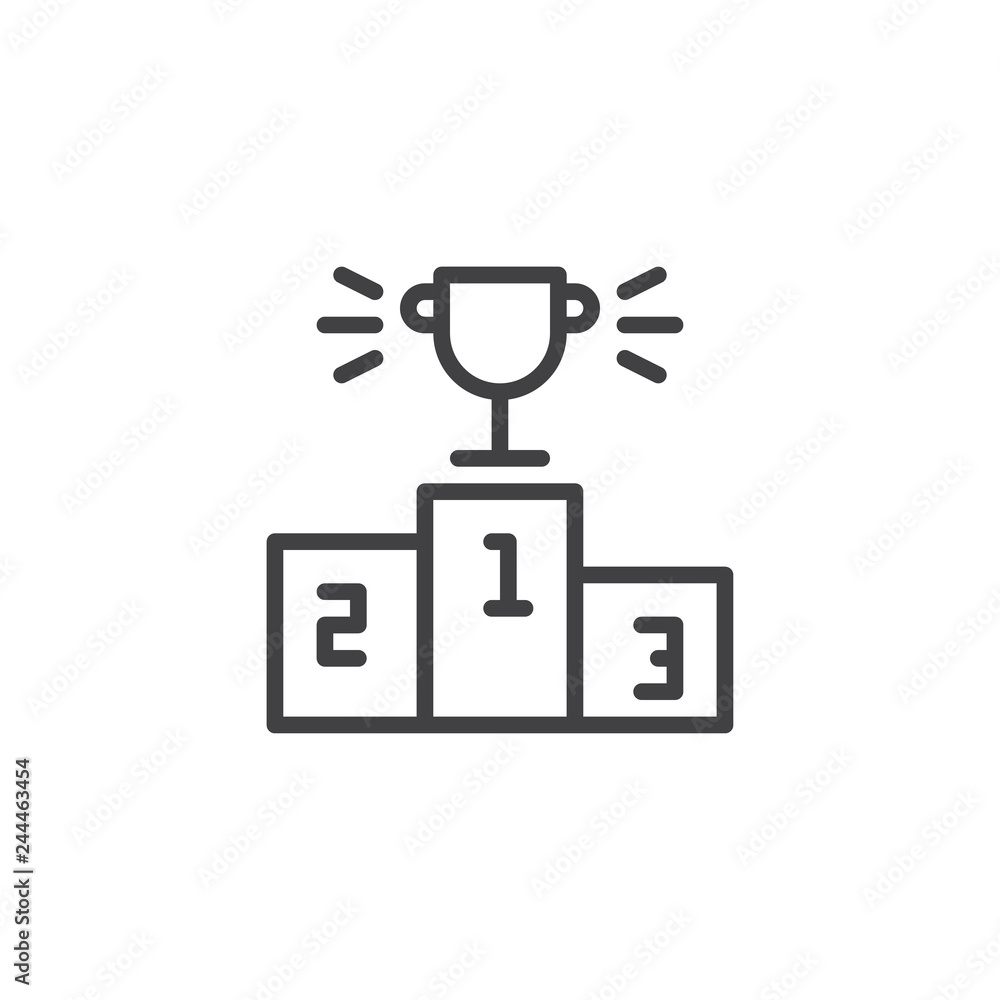 Pedestal and award cup line icon. linear style sign for mobile concept and web design. Winners podium with trophy outline vector icon. First place symbol, logo illustration Pedestal and award cup line icon. linear style sign for mobile concept and web design. Winners podium with trophy outline vector icon. First place symbol, logo illustration