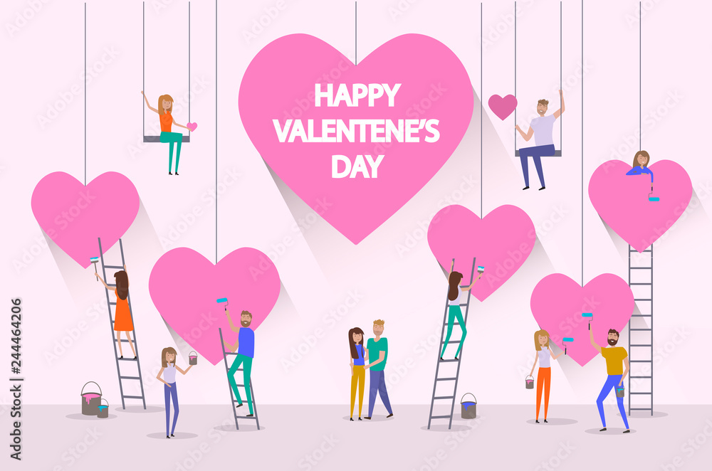 Valentine's day poster, banner, Sale poster with  large hearts and small people around decorating the hearts. Editable vector illustration