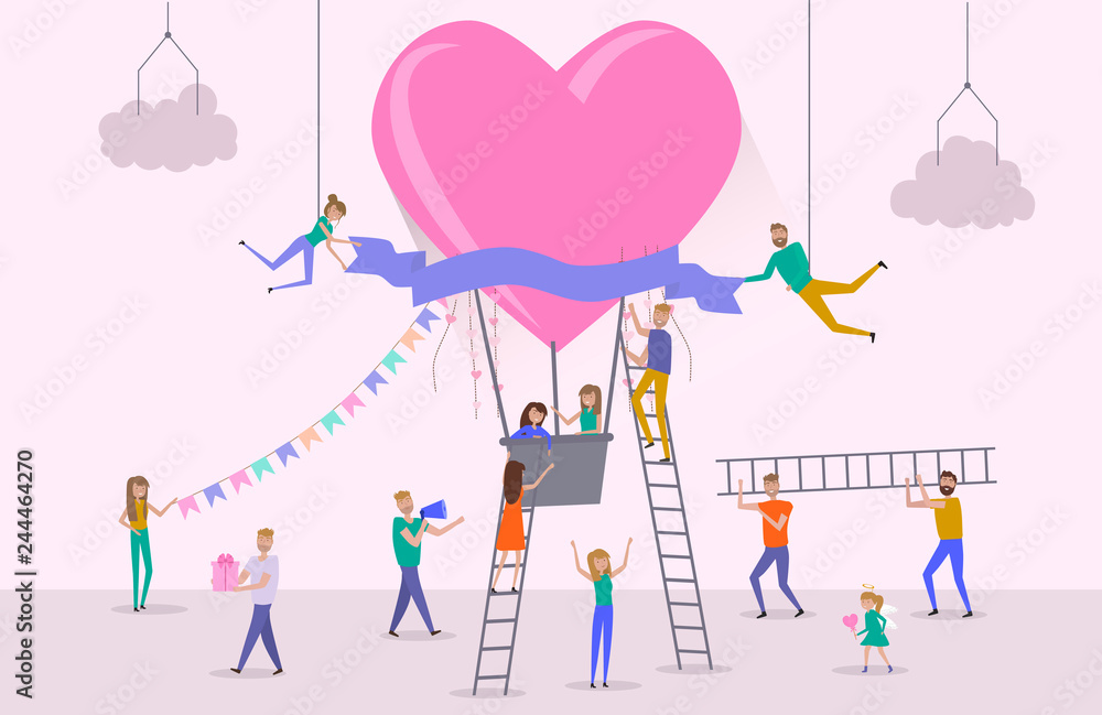 Valentine's day poster, banner, Sale poster with large air balloon with hearts and small people around them. Editable vector illustration 
