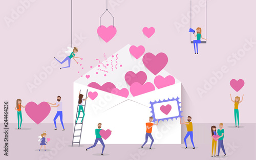 Valentine's day poster, banner, Sale poster with  large letter with big heart and small people around them. Editable vector illustration 