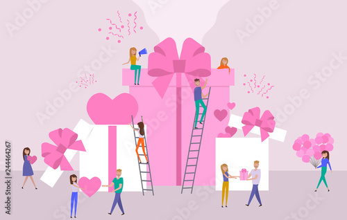 Valentine's day poster, banner, Sale poster with  big box with hearts and small people around them. Editable vector illustration 