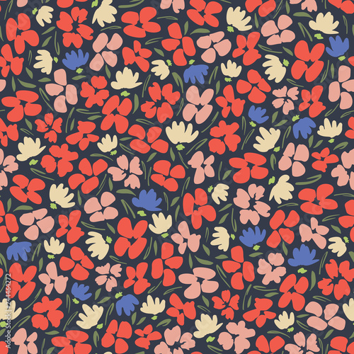 Colourful graphic ditsy gestural blooms and foliage on dark background vector seamless pattern. Floral Texture