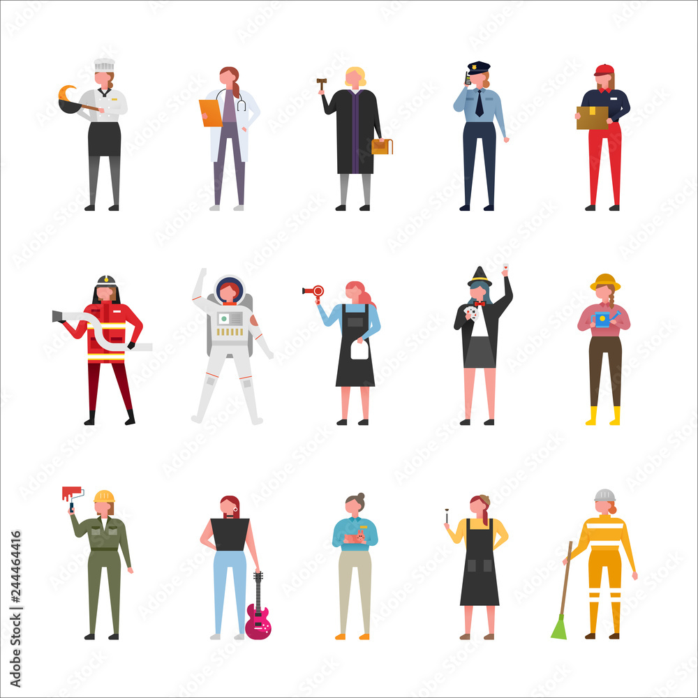 A female character set in various job uniforms. flat design vector graphic style concept illustration. A female character set in various job uniforms. flat design vector graphic style concept illustration.
