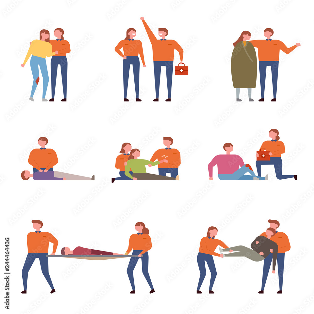 A character set showing what paramedics do. flat design vector graphic style concept illustration.