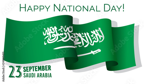 Happy national day, Saudi Arabia, congratulation banner, flag and inscription, greeting card or invitation poster, vector illustration