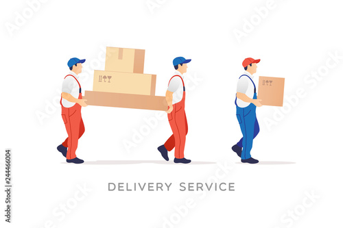 Delivery service and moving. Men in uniform with boxs. Vector illustration.