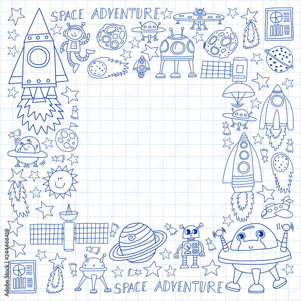 Vector set of space elements icons in doodle style. Painted, drawn with a pen, on a sheet of checkered paper on a white background. Vector set of space elements icons in doodle style. Painted, drawn with a pen, on a sheet of checkered paper on a white background.