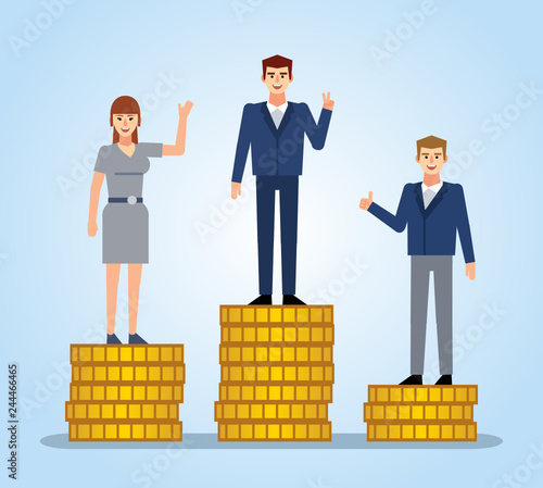 Successful business people standing on coin stacks. Leadership, business growth, career, rivalry concept. Flat design vector illustration