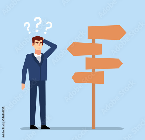 Confused businessman stands at crossroads and thinks where to go. Choose business direction concept. Flat design vector illustration