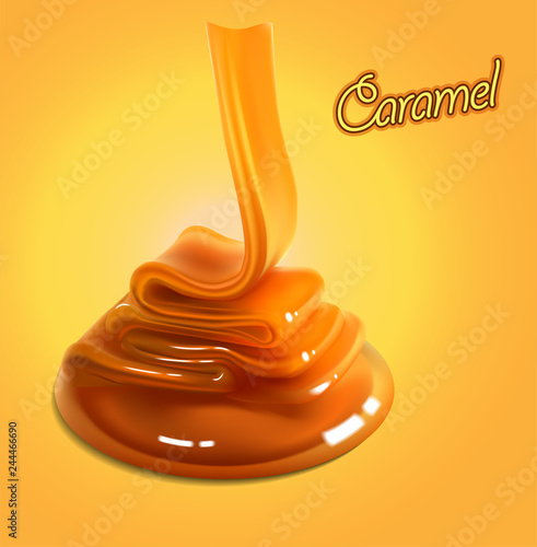 Flowing stream of golden caramel on a yellow background. High detailed realistic illustration.
