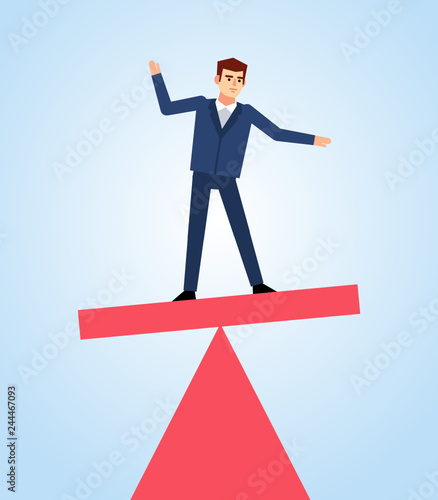 Businessman balancing on plank. Balance in life or business. Flat design vector illustration