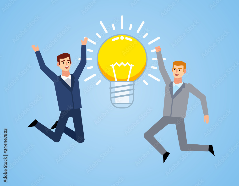 Two cheerful businessman jumping with big idea light bulb. Successful idea concept. Flat design vector illustration Two cheerful businessman jumping with big idea light bulb. Successful idea concept. Flat design vector illustration