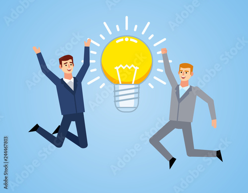 Two cheerful businessman jumping with big idea light bulb. Successful idea concept. Flat design vector illustration