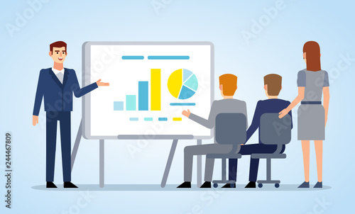 People at the meeting, presentation. Businessman points to charts and diagrams on whiteboard. Flat design vector illustration