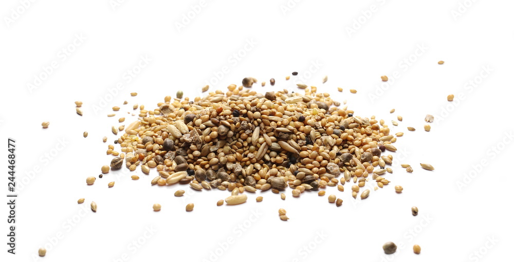 Mixed bird seeds, millet pile isolated on white background Mixed bird seeds, millet pile isolated on white background