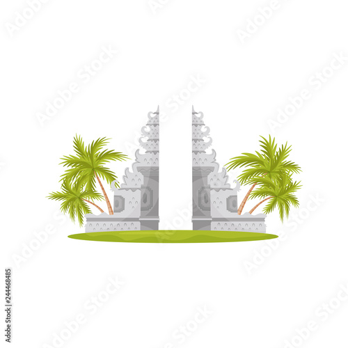 Heaven gates in Lempuyang temple, green palm trees and grass. Travel to Bali. Historical monument. Flat vector design