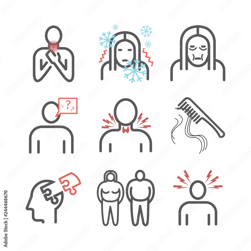 Hyperthyroidism. Symptoms, Treatment. Line icons set. Vector signs for web graphics. Hyperthyroidism. Symptoms, Treatment. Line icons set. Vector signs for web graphics.