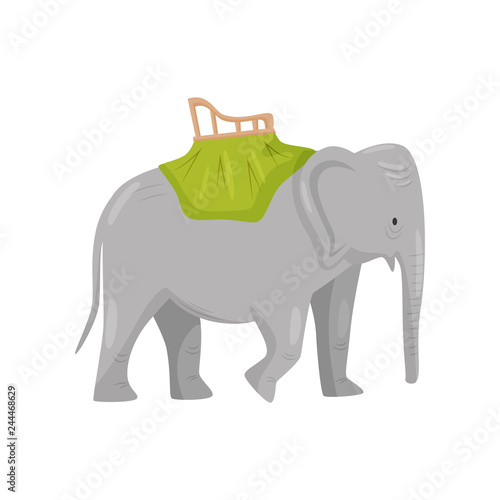Large gray elephant with chair on back. Activity for tourists. Travel to Bali, Indonesia. Flat vector design