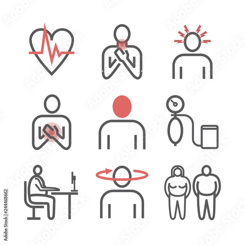 Hypertension. Symptoms, Treatment. Line icons set. Vector signs for web graphics.