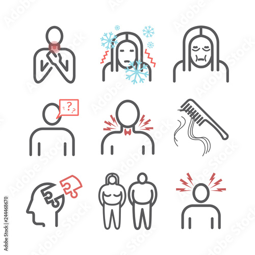 Hyperthyroidism. Symptoms, Treatment. Line icons set. Vector signs for web graphics.