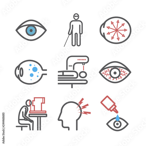 Glaucoma. Symptoms, Treatment. Line icons set. Vector signs for web graphics.