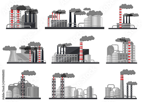 Flat vector set of modern manufacturing factories. Industrial buildings, large metal cisterns and smoking pipes