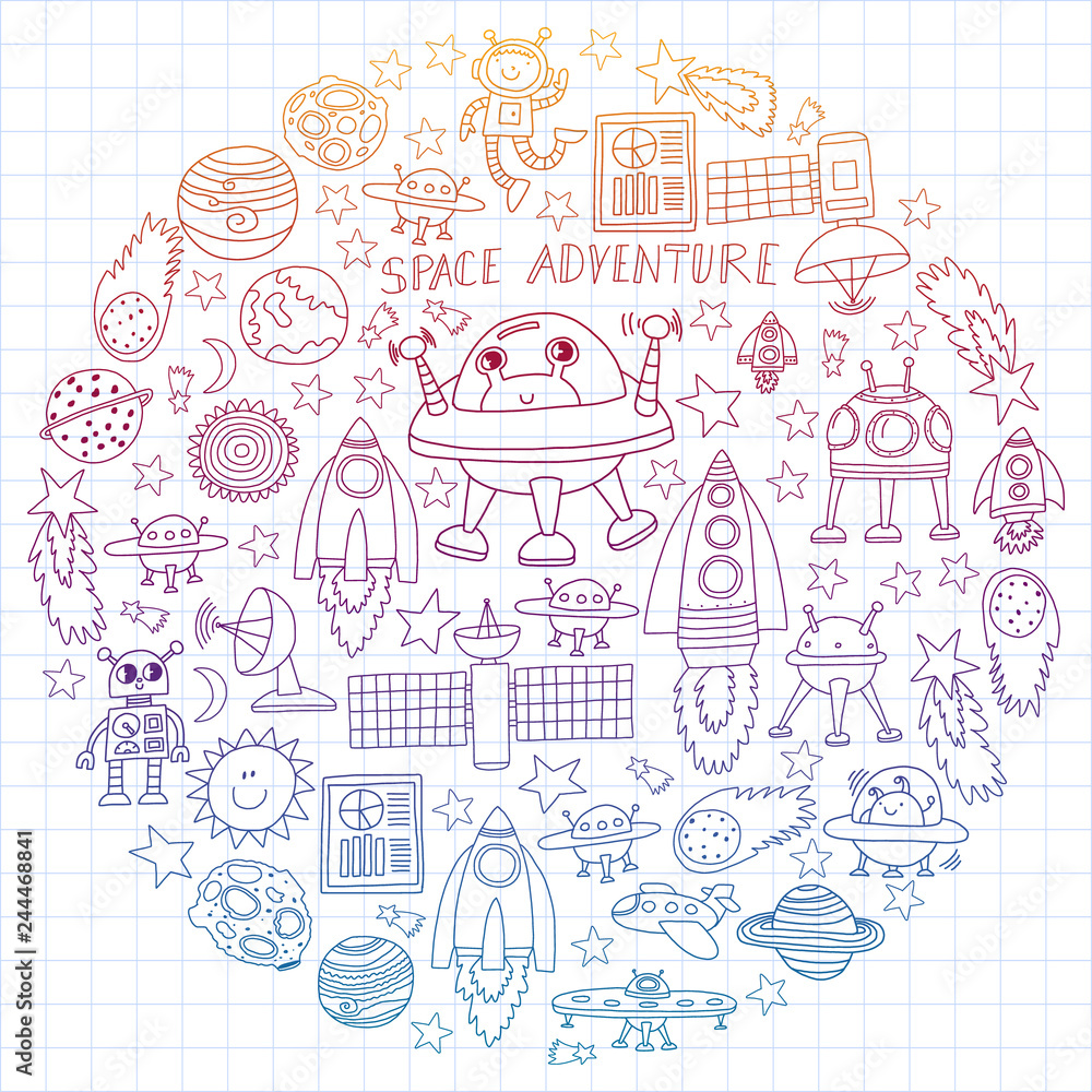 Vector set of space elements icons in doodle style. Painted, colorful, gradient, on a sheet of checkered paper on a white background. Vector set of space elements icons in doodle style. Painted, colorful, gradient, on a sheet of checkered paper on a white background.