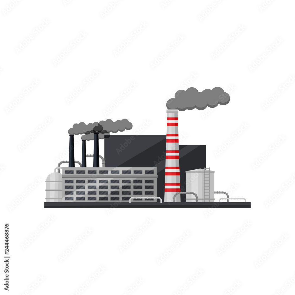 Factory with industrial building, smoking chimneys, metal cisterns and pipes. Thermal power station. Flat vector design Factory with industrial building, smoking chimneys, metal cisterns and pipes. Thermal power station. Flat vector design