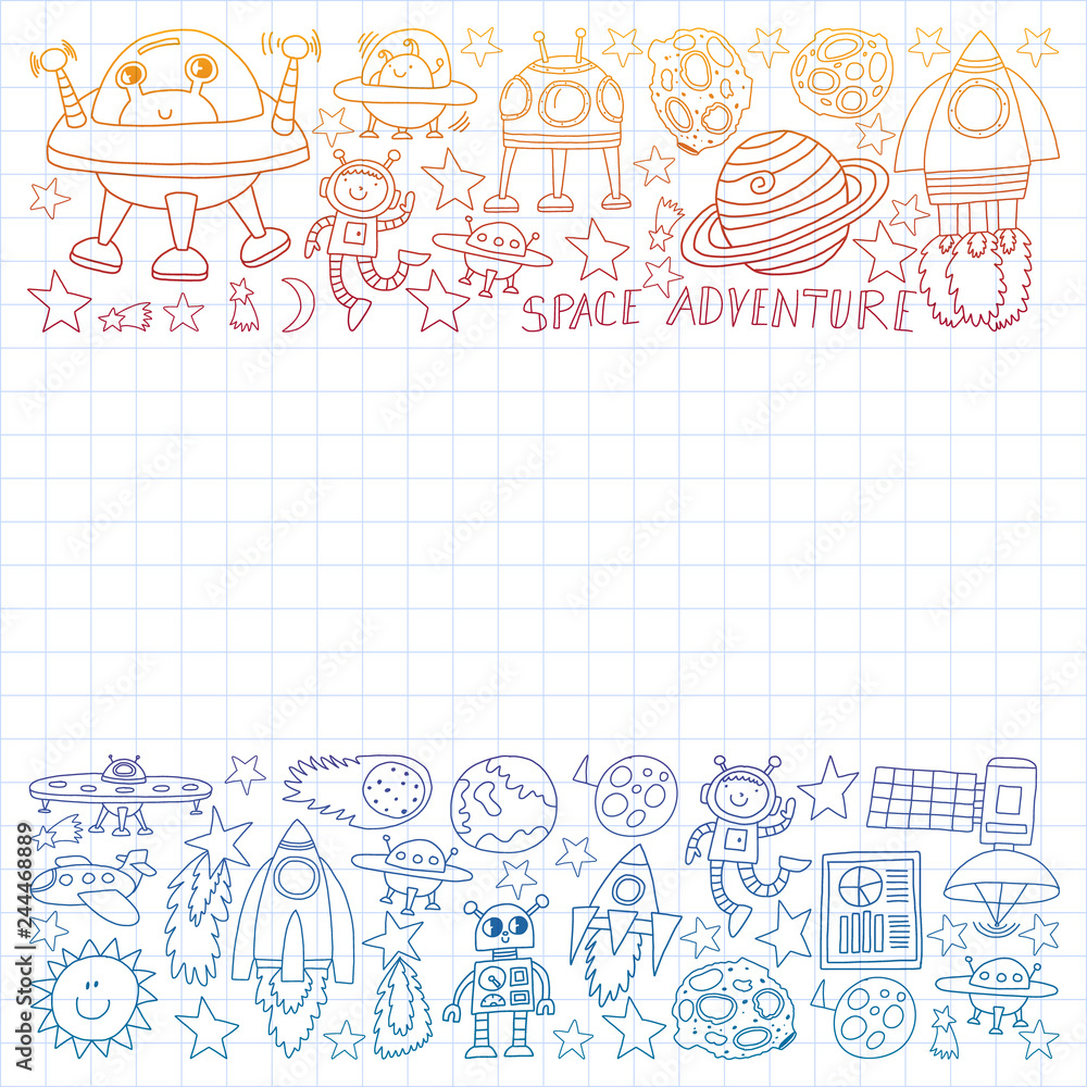 Vector set of space elements icons in doodle style. Painted, colorful, gradient, on a sheet of checkered paper on a white background. Vector set of space elements icons in doodle style. Painted, colorful, gradient, on a sheet of checkered paper on a white background.
