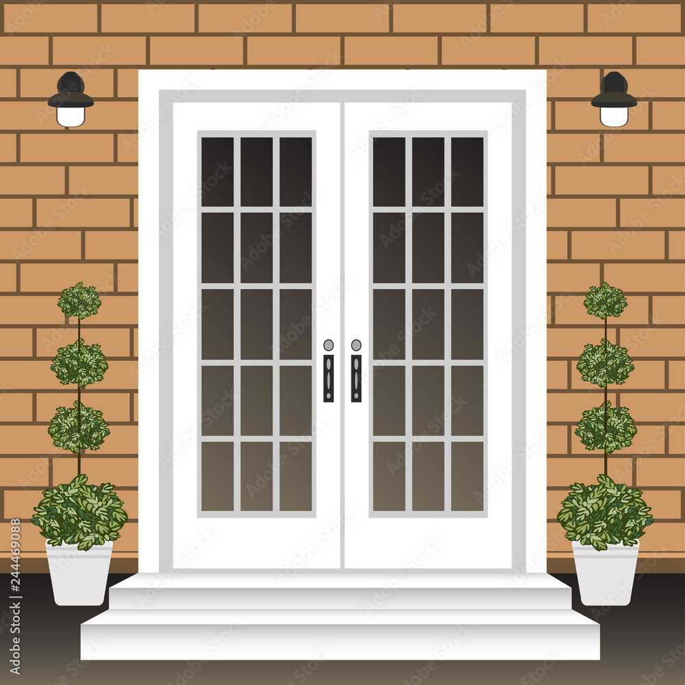 House door front with doorstep and steps, lamp, flowers in pots, building entry facade, exterior entrance with brick wall design illustration vector in flat style House door front with doorstep and steps, lamp, flowers in pots, building entry facade, exterior entrance with brick wall design illustration vector in flat style